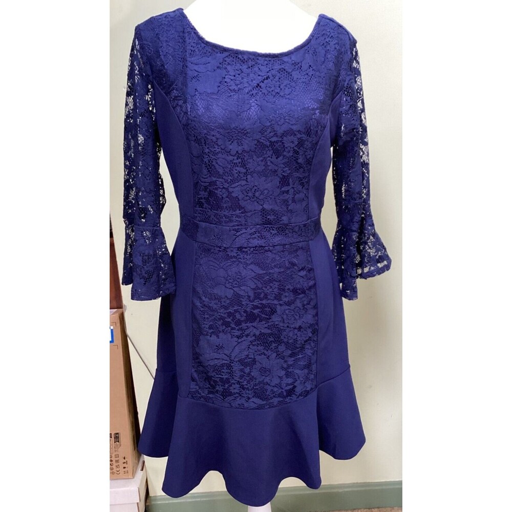 NY Collection Womens Size S Navy Blue 3/4 Bell Sleeve Stretch Lace Overlay Dress